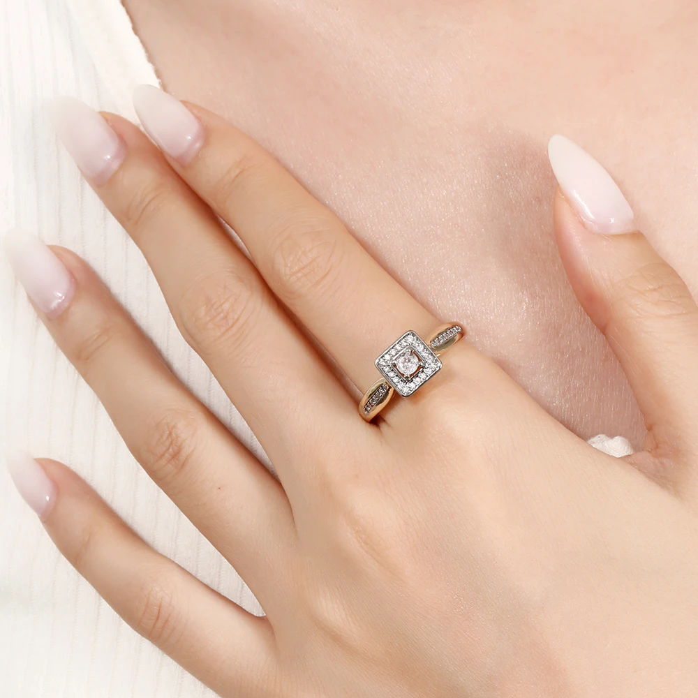 Quadratisches, doppellagiges Zirkon-Vintage-Ohrringe- und Ring-Set, kupferbeschichtet mit 14K Gold, modischer Schmuck für Bankette und Partys, luxuriöse Accessoires. – Detail 4