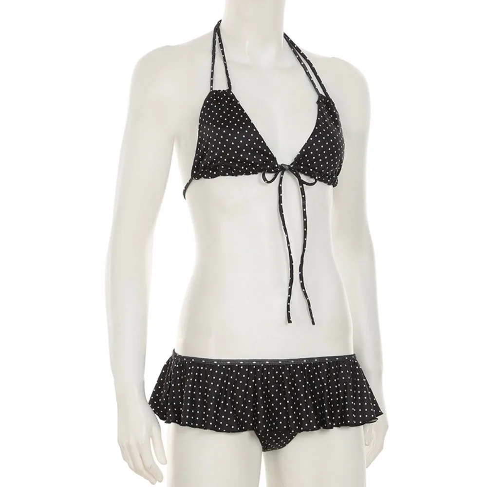Lässiger, gerüschter Bikini-Anzug, schmale Passform, Schnür-Badebekleidung, Neckholder, tiefer V-Ausschnitt, gepunkteter Badeanzug, heißes Mädchen