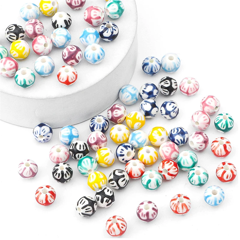2 Stück 10 mm Graffiti-Perlen aus glasiertem Porzellan, handbemalte Blumen, runde Perlen mit großem Loch für die Herstellung von DIY-Ohrringen, Armbändern und Schmuck – Detail 4