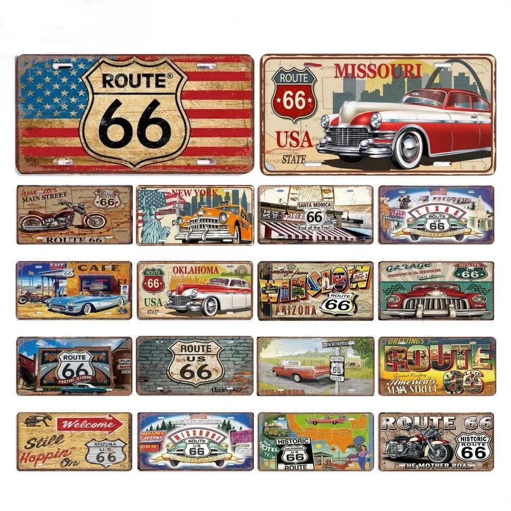 Vintage Route 66 License Plate Metal Aluminum Signs Motorcycle Car Metal Poster For Garage Bar Pub Club Cafe Man Cave Wall Decor