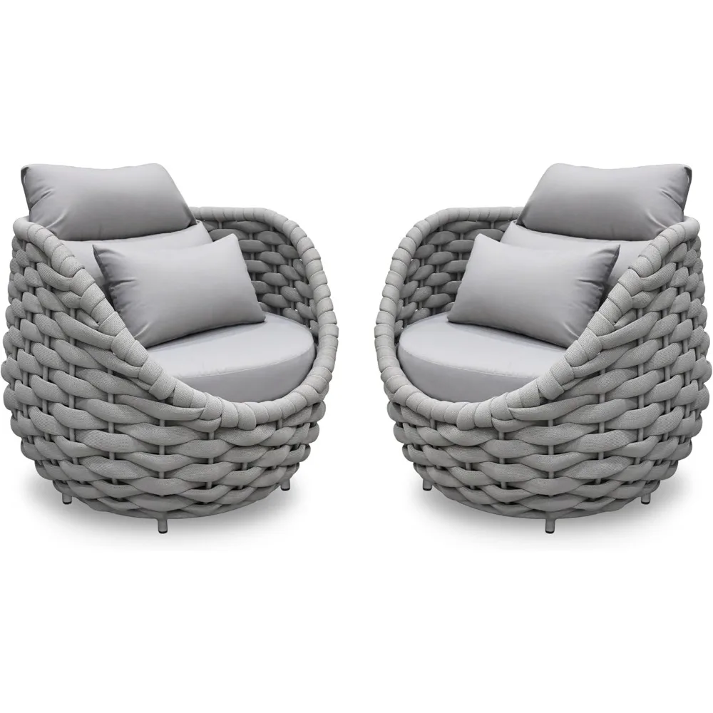 

2 PCS Patio Deck Accent Chair: Large Woven Rope Chair Cushioned - Aluminum Modern Single Lounge Armchair Assembled