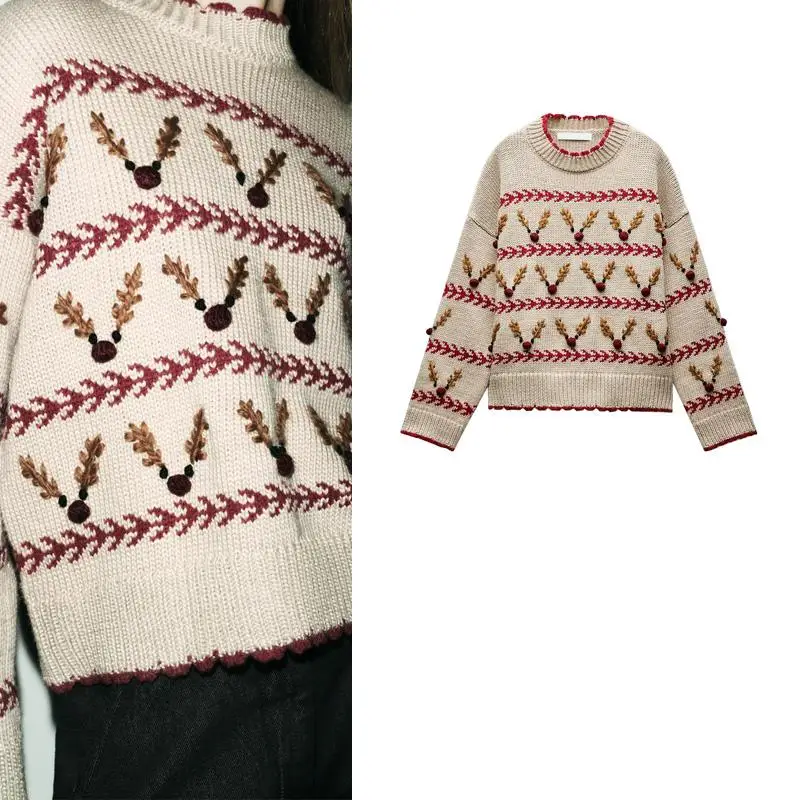 

Cisas Knitted Loose Long Sve Patchwork Floral Pattern Women's Sweater Polyester Fiber Regular Length Overhead Sle