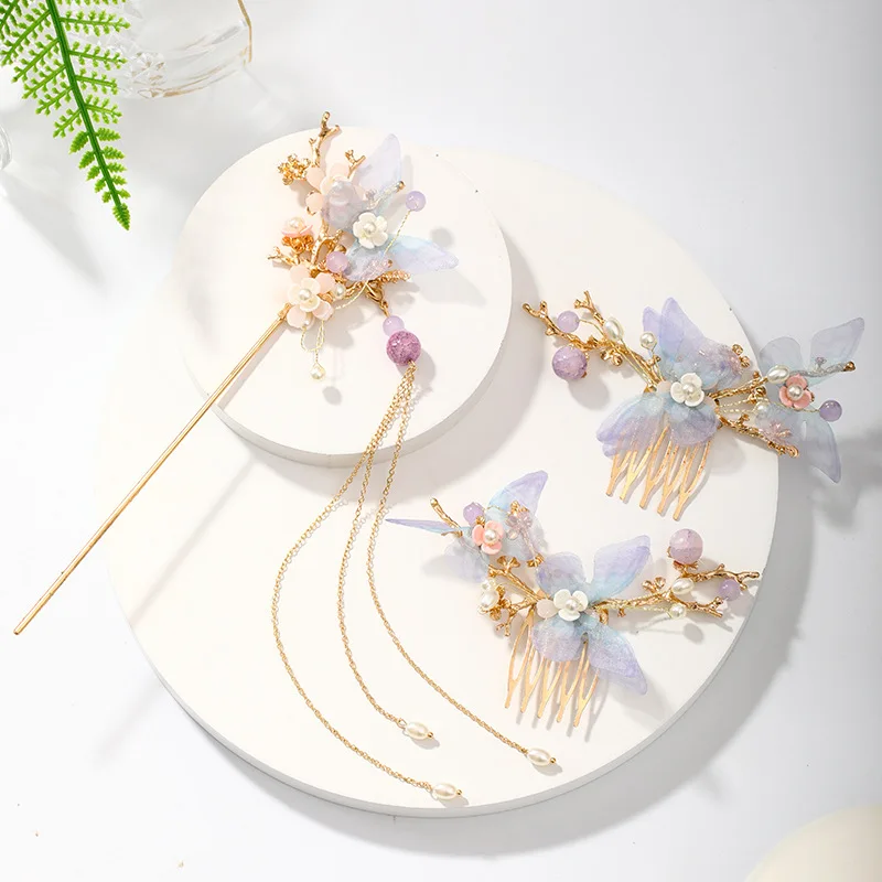 Chinesische Hanfu Haar Stick Haarnadel Ohrringe Haar Zubehör Set Lange Fransen Vintage Haarnadel Blume Handgemachte Hochzeit Haar Schmuck