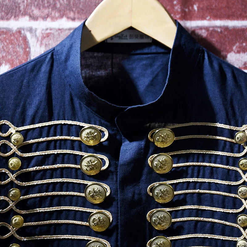 

Autumn New Men's Casual Multi-button Gold Thread Coats Navy Blue Fashion Slim Hair Stylist Shirts Male Nightclub Bar Shirts Size