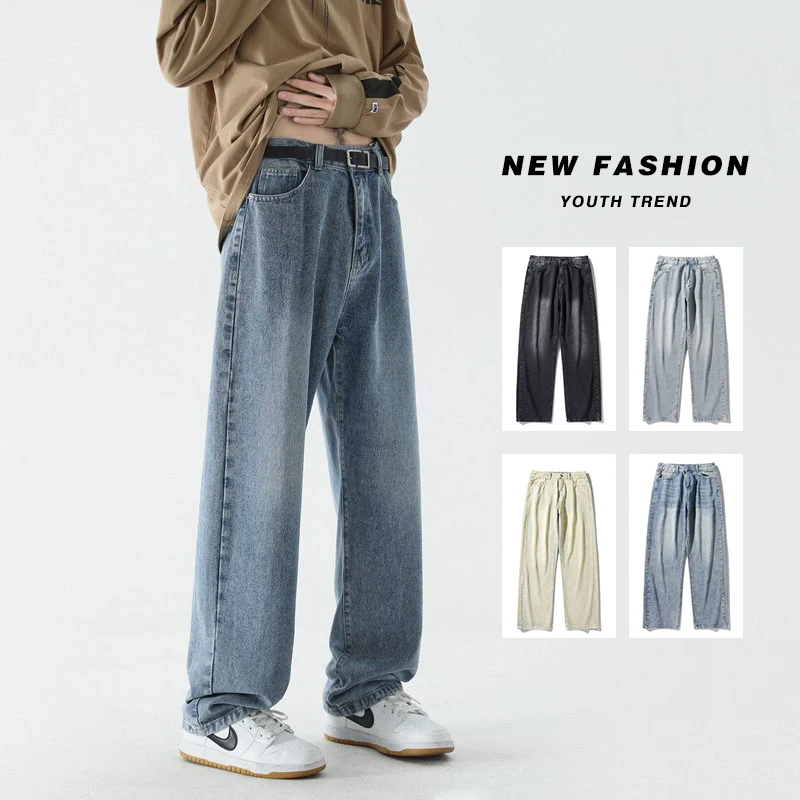 

Новые весенние мужские свободные джинсы, уличная одежда, повседневные прямые модные корейские брюки Y2K, винтажные потертые джинсовые брюки, мужская одежда