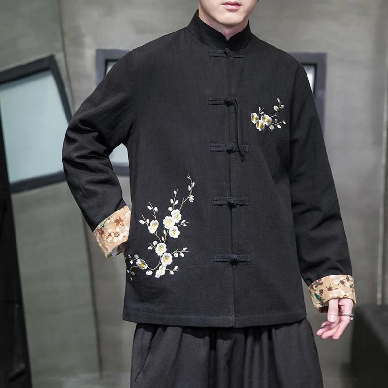 

Loose Fit Men's Linen Embroidered Jaet Autumn New Sle Youth ular Knitted Material Anti-Wrinkle Procing Chinese Sl...