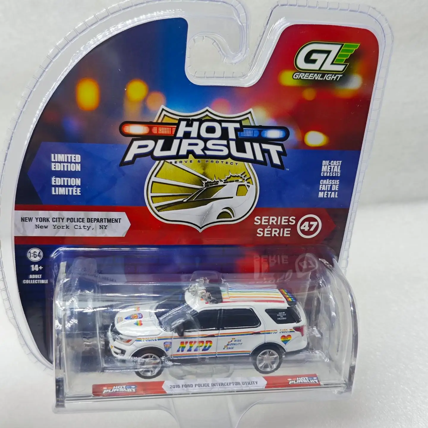 

Green Light 1:64 Heat Tracking 47-2016 Ford Explorer Police Car NYPD Pride Livery 43050-C Diecast Alloy Car Model Collectible