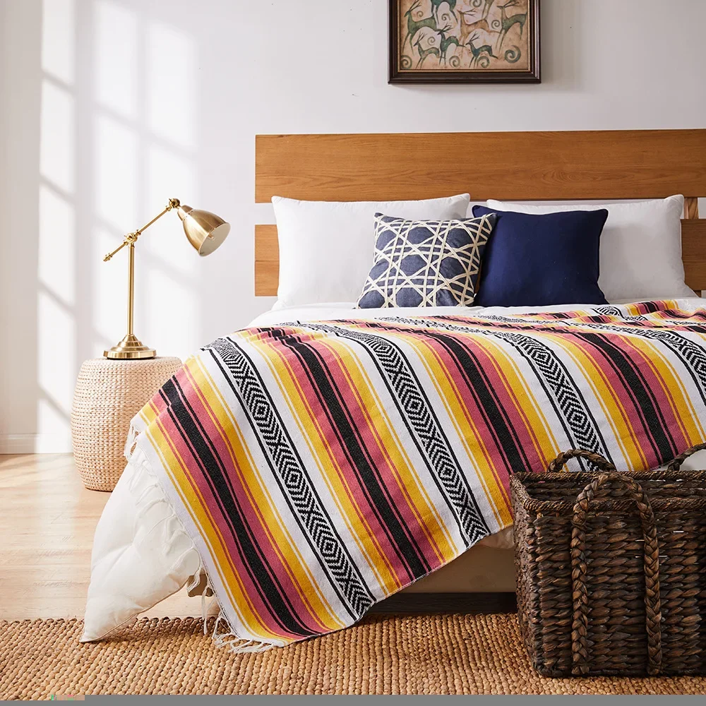 130x170cm Mexican Style Beach Blanket Handmade Woven Towel Tassels Rug Throw for Sofa Bed Home Picnic Mat Striped Tablecloth