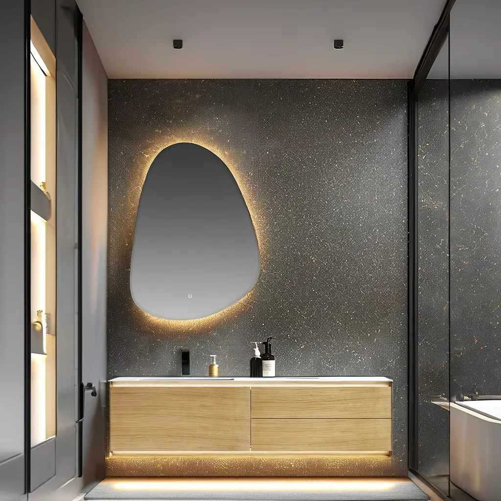 

Modern Style Solid Wood Bathroom Cabinet With LED Bath Mirror Ceramic Basin Lacquered Carcase With Water Resistant For Hotel Use