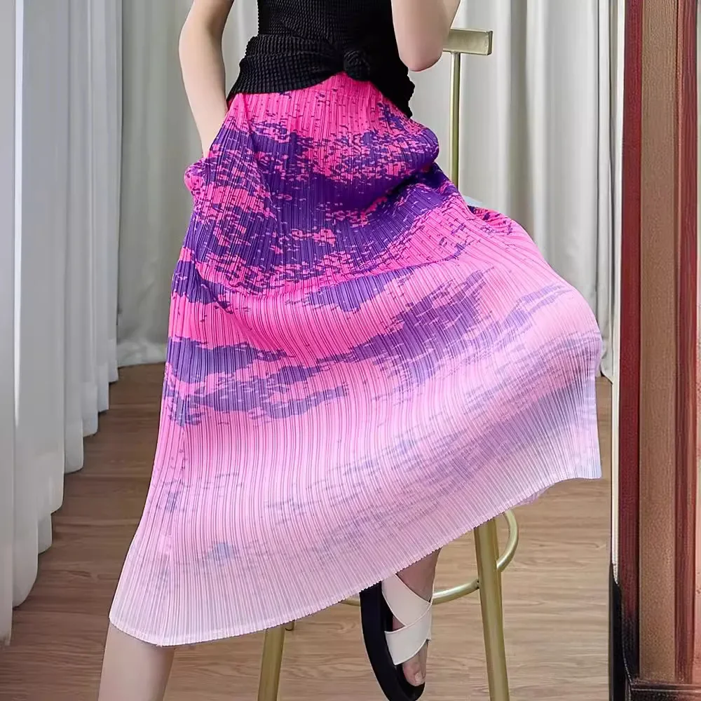 Miyake Pleated Skirt Women's 2024 Summer New Style High-waisted Temperament Slimming Slit Fashionable Mid-length Printed Skirt