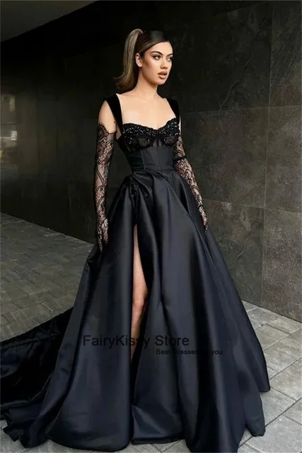 FairyKissy Black Lace Embroidery Prom Dresses A-line Satin فساتين السهرة Elegant Illusion Gloves Floor Length Party Evening Gown