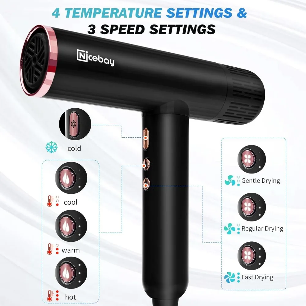 Asciugacapelli ionico con diffusore, asciugacapelli professionale con 3 accessori, 110000 Motore brushless ad alta velocità RPM per un asciugatura rapida