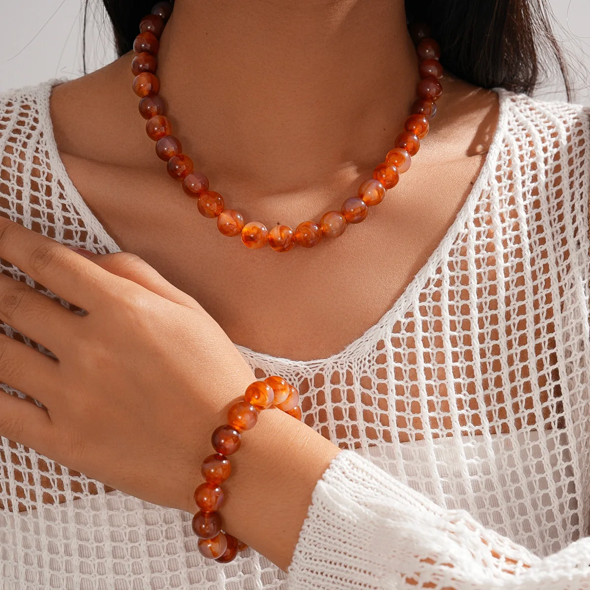 Women's Retro Elastic Round Bead Chokers & Bracelets Set