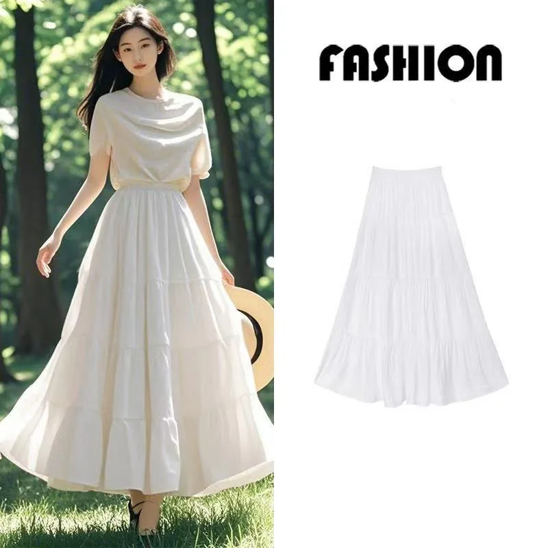 

Patchwork Long Skirt Women 2026 Summer Vintage High Waisted Elastic Chiffon Midi Skirts Ladies Korean Chic Street A-line Skirts