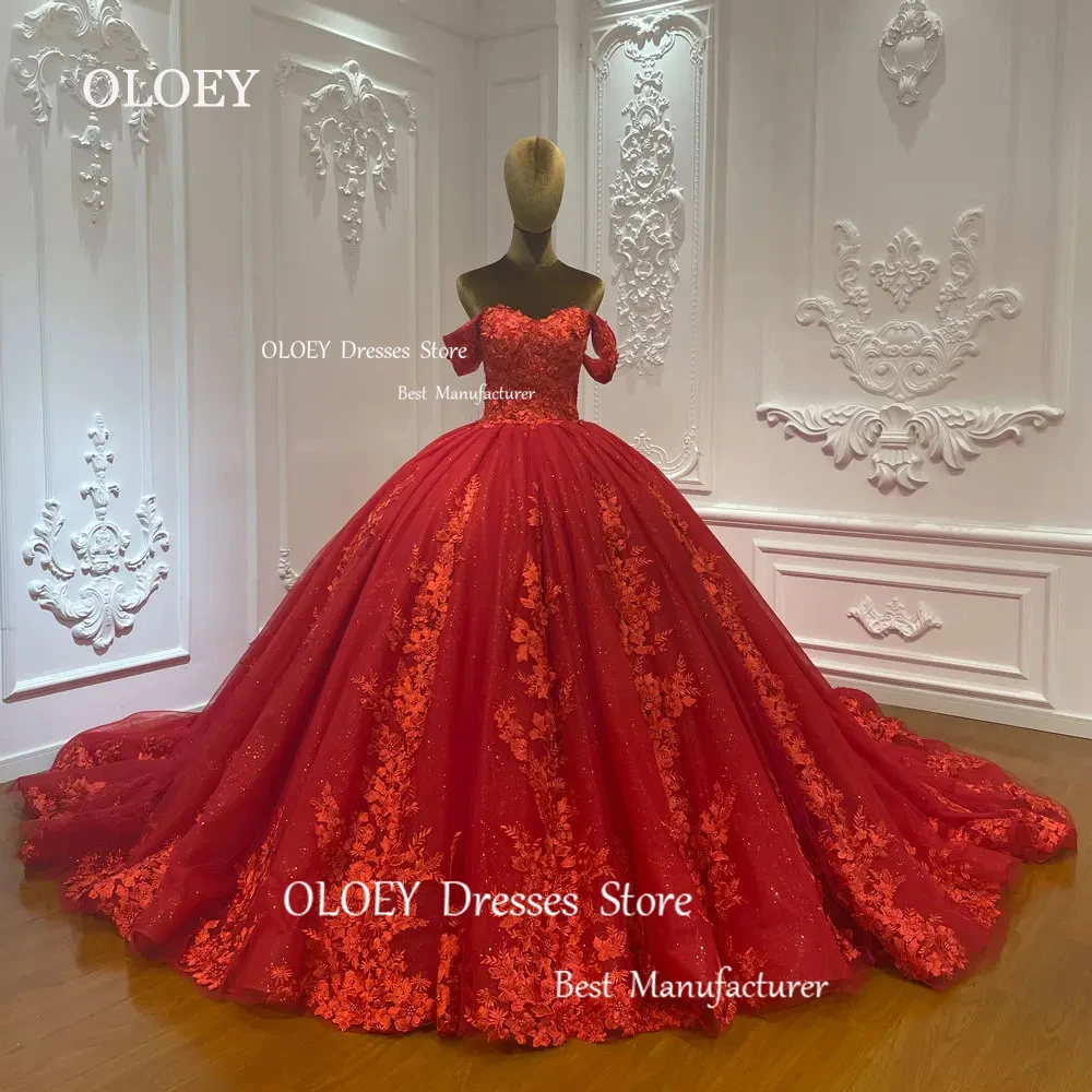 OLOEY Classic Glitter Red 15 17 Quinceanera Dress Wedding Dress Sweetheart Silky Tulle Applique Ball Gown Birthday Party Gowns