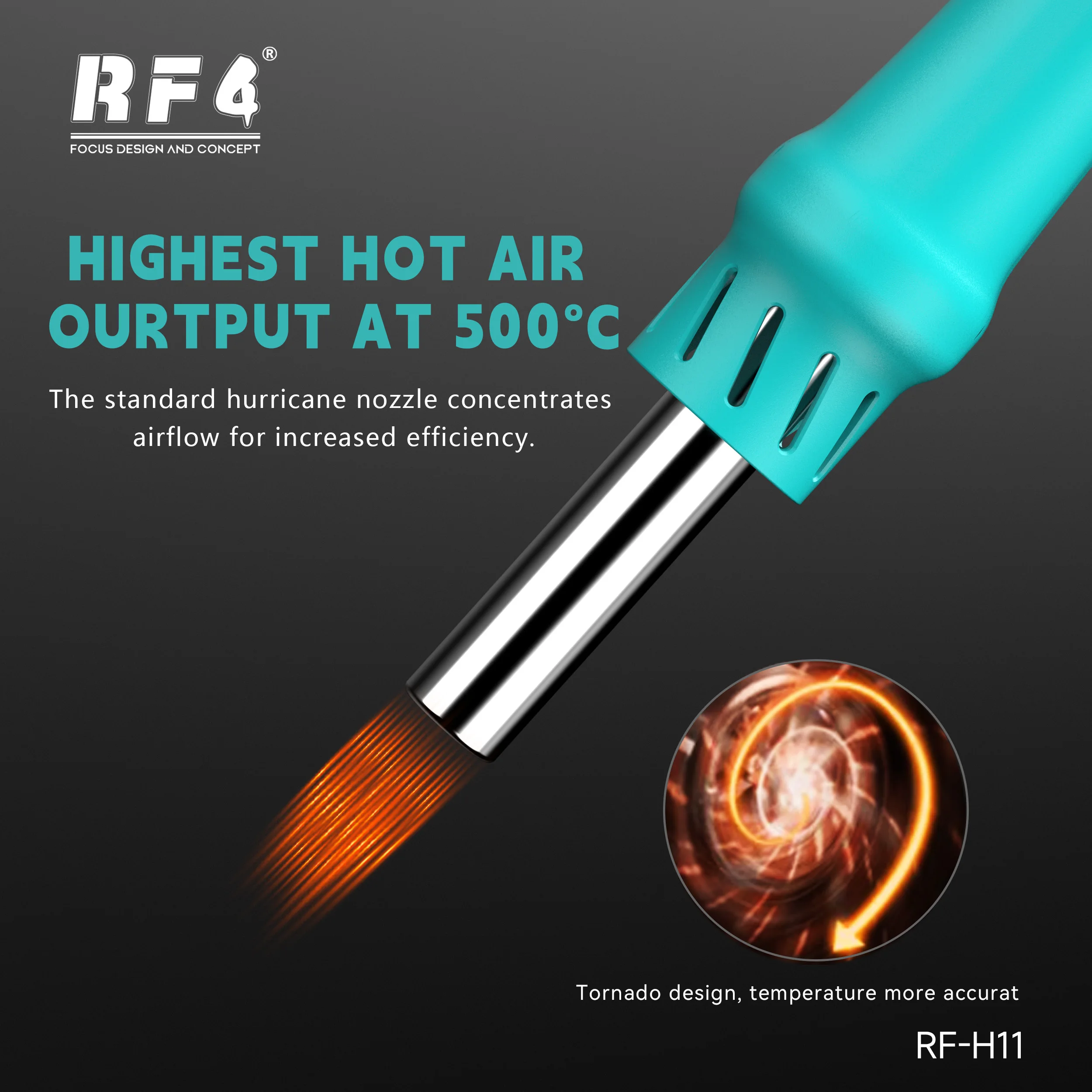 

RF4 RF-H11 Hot Air Gun 4 Nozzles 10 Air Levels 500°C Max Temp Adjustable Stand Intelligent Control