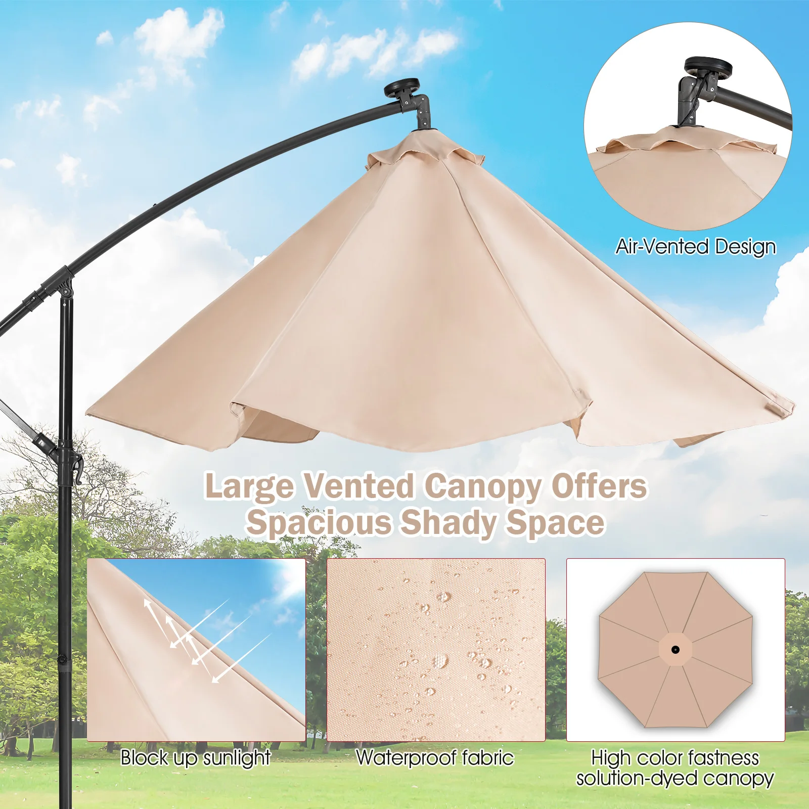 10FT Cantilever Solar Powered 32 LED Lighted Patio Offset Umbrella Outdoor Beige