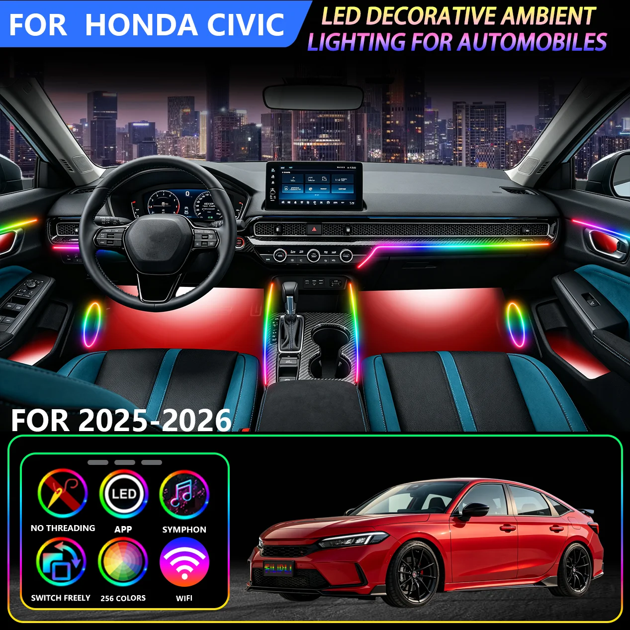 For Honda Civic 2025-2026 Car Iridescent Interior Lighting Kit, Sound‑Sensitive Rhythm Flashing, Multiple Scene Lighting Modes, APP Tunable Brightness Car Cabin Decor Atmosphere Light