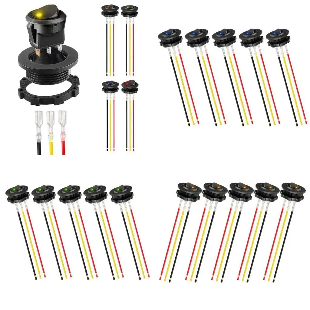 

652F 5pcs 12V 20A Round Switches with LED Indicates & Wiring Harness Automotive Switches set for Stable Use In Boats & Car