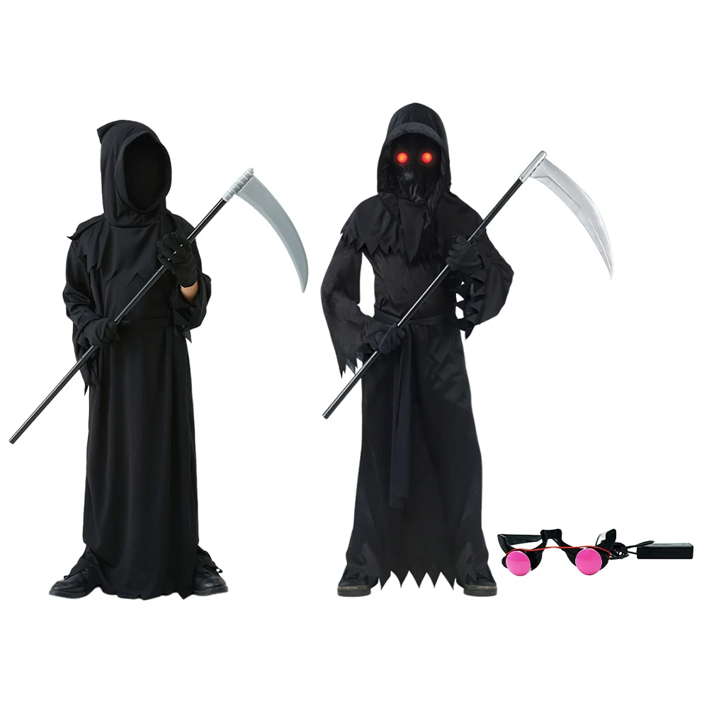 Halloween Cosplay Costume Grim Reaper Scary Skeleton Costume Children Glowing Red Eyes Grim Reaper Ghost Robe Send Scythe Props