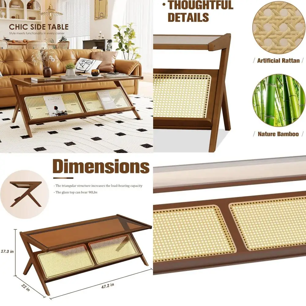 

Brown Mid-Century Modern Living Room Table with Glass Top and Rattan Storage Center