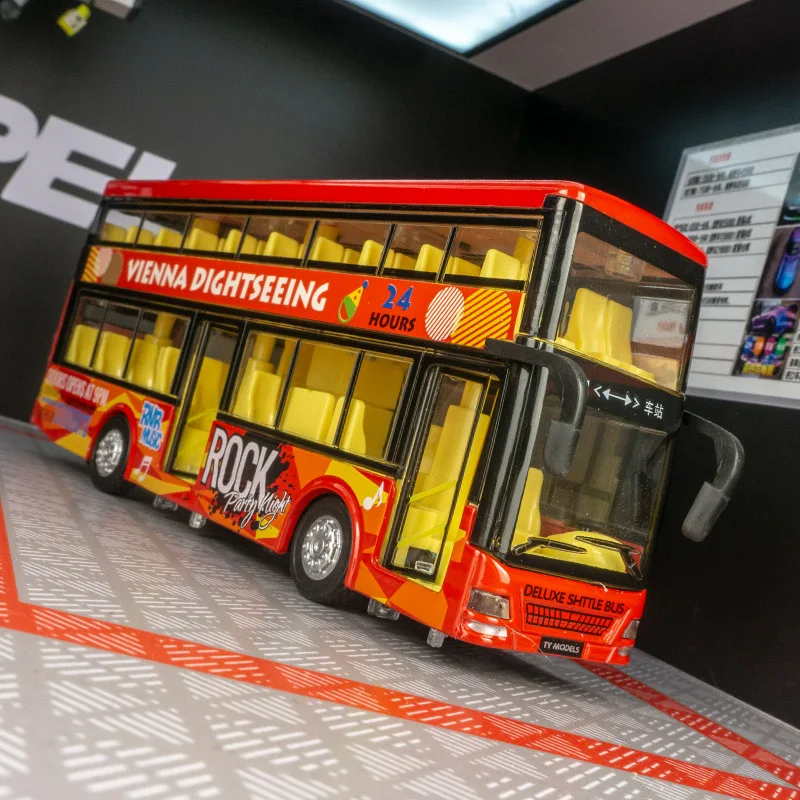 

имитация двухслойного туристического экскурсионного автобуса из сплава для детей имеет имитирующие функции звука и освещения, богатые детали.