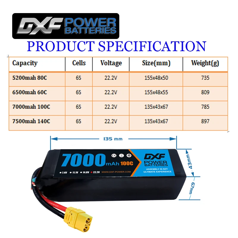 DXF Graphene Battery 6S Lipo 22.2V 7500mAh 7000mAh 6500mAh 5200mAh XT90 XT60 EC5 T for FPV Drone Airplanes Quadcopter Helicopter