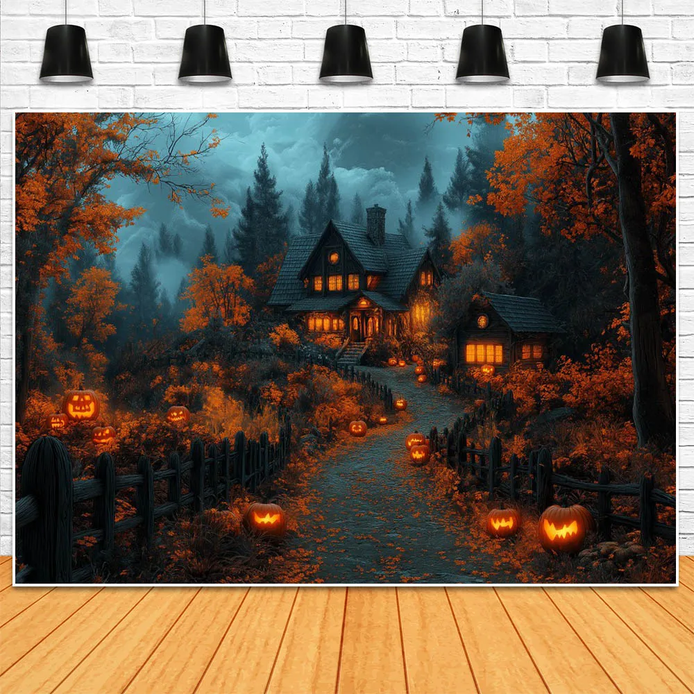 Mocsicka Tło fotograficzne Las Horror Zamek Drewniany Dom Zły Świecący Dynia Halloween Impreza Dekoracja Tło Rekwizyty