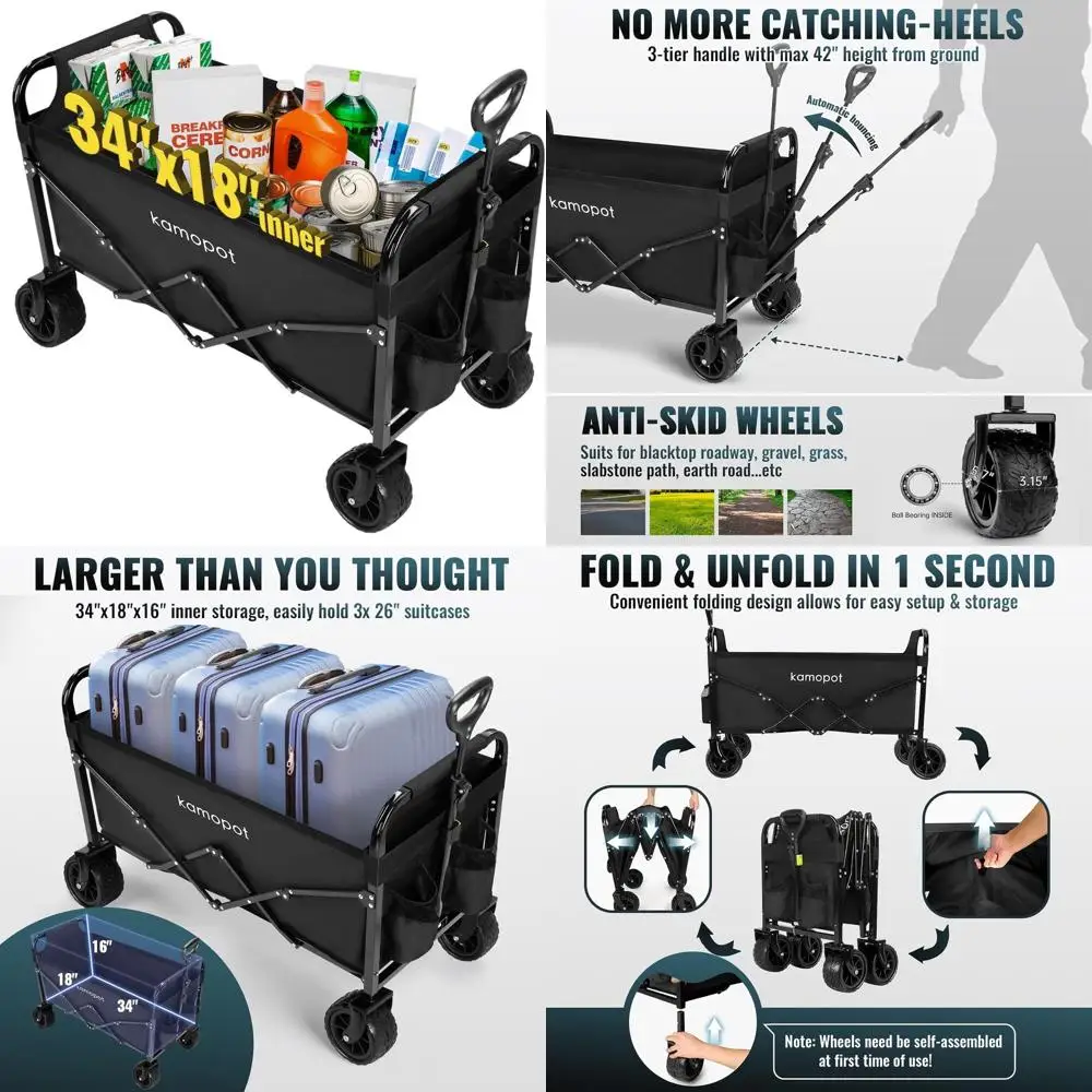 

Folding Utility Wagon Heavy Duty 300lb Capacity for Beach, Yard, Grocery, Park with Big Wheels and Cupholders