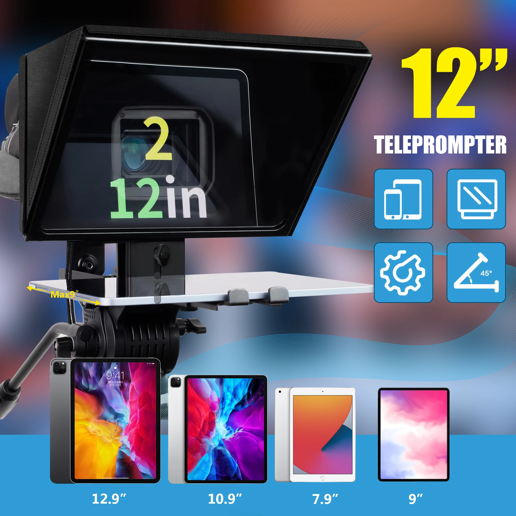 Teleprompter portátil i2/12 pulgadas, dispositivo compatible con tabletas de 12,9 pulgadas con 9 pulgadas de ancho, dispositivo Universal de