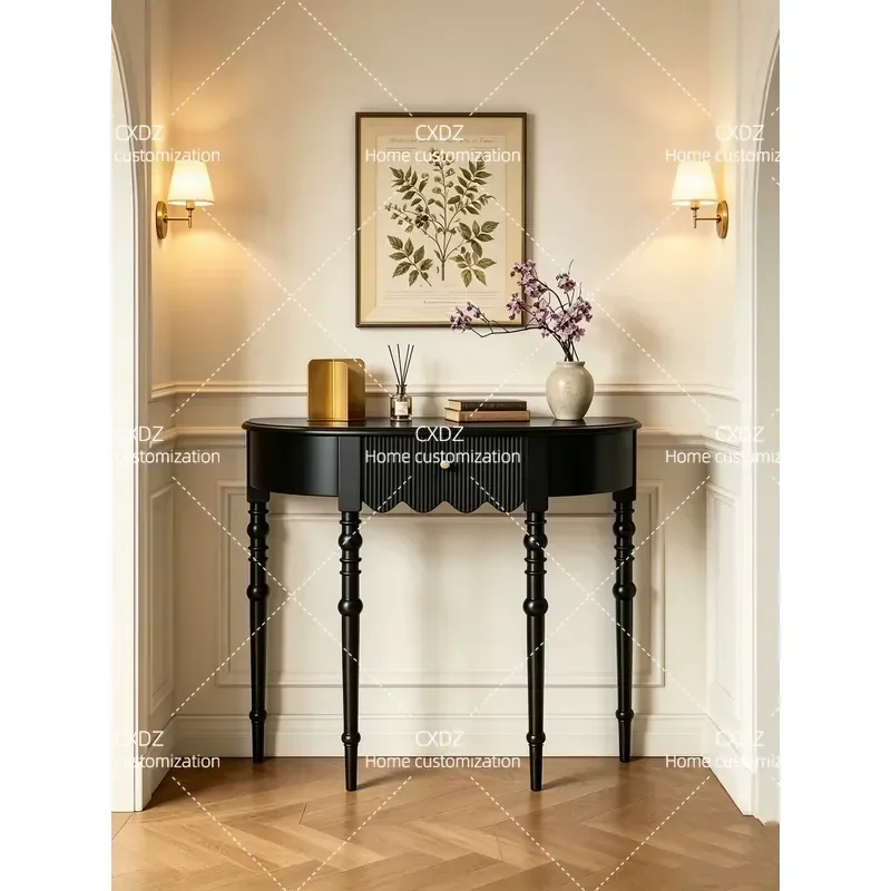 French Solid Wood Semicircular Entrance Table Wall Mounted Black Aisle Cabinet Shelf Entryway Narrow Strip Console Platform