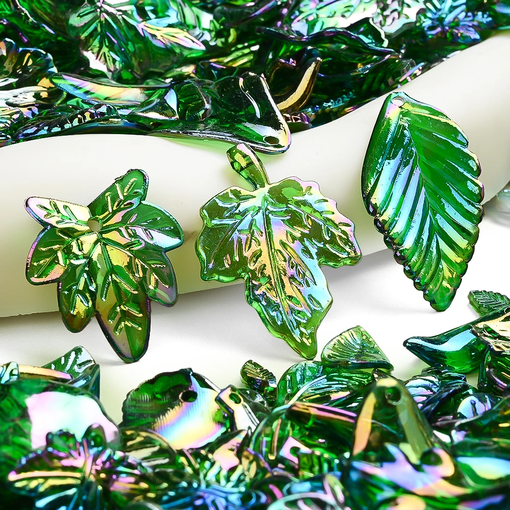 50g grüne Acryl-Blattperlen, durchscheinend, AB-Farbe, Naturpflanzenform, Abstandshalterperlen für DIY-Schmuckherstellung, Armbänder, Halsketten – Detail 4