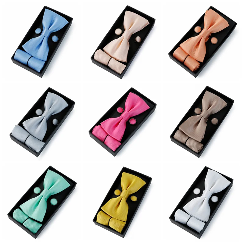 

Men Bowtie Set Pocket Square Cufflinks For Wedding Business Party Tie Set 3pcs Gift Box Men Cufflink Handkerchief Cravat Bowknot