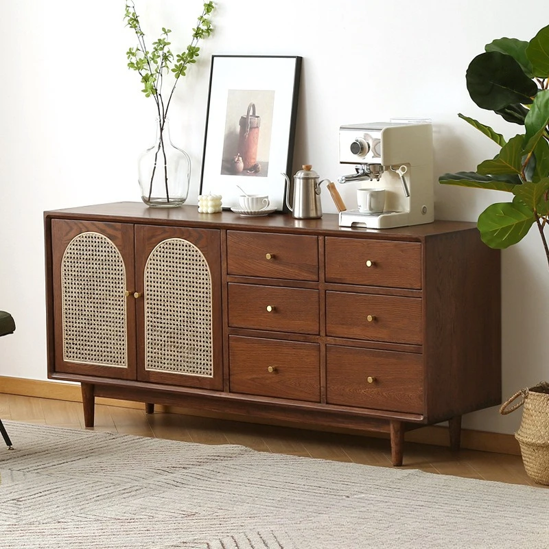 white oak dining side cabinet Nordic simple cherry wood rattan storage bucket cabinet Japanese black walnut side cabinet