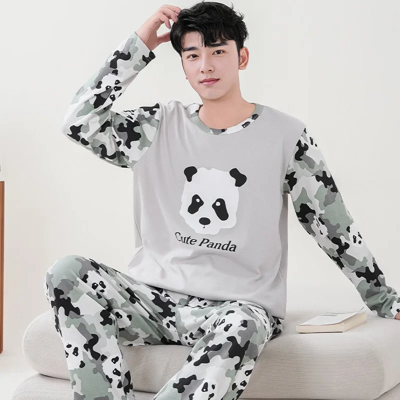 Panda Cartoon Cute Pajamas Set for Men Cotton Autumn Long Sleeves O Neck Nightwear Autumn and Spring Loungewear Hombre Dropship