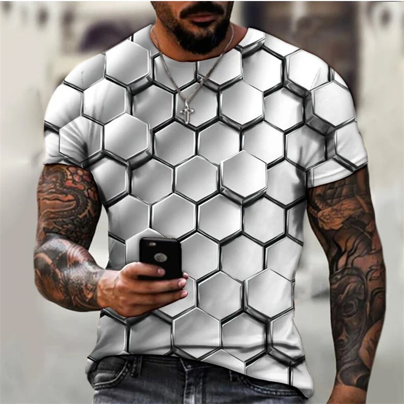 New 2024 hot Popular 3D digital printed wave grid pattern outdoor fitness sports men\'s short sleeve T-shirt plus size XXS-6XL