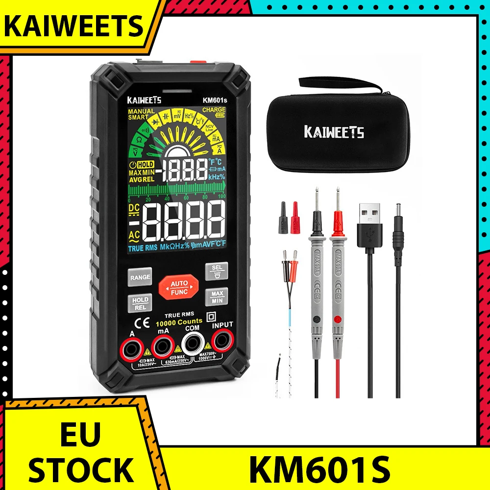 KAIWEETS KM601S Digital Multimeter 10000 Counts True-RMS Meter Smart Mode Manual Mode Rechargeable Battery Flashlight Auto-Lock