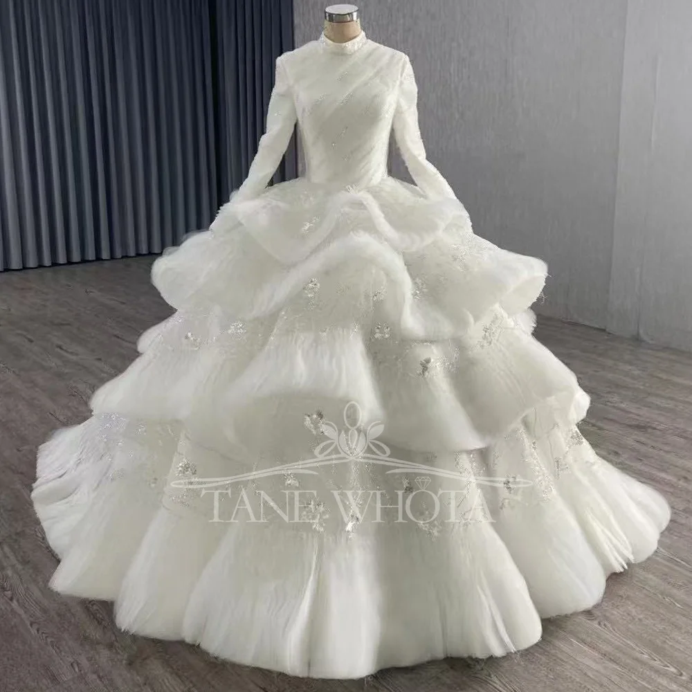 Muslim Customizable Wedding Dress Sequined Lace Up Back Tiered Design Bridal Gown For Brides