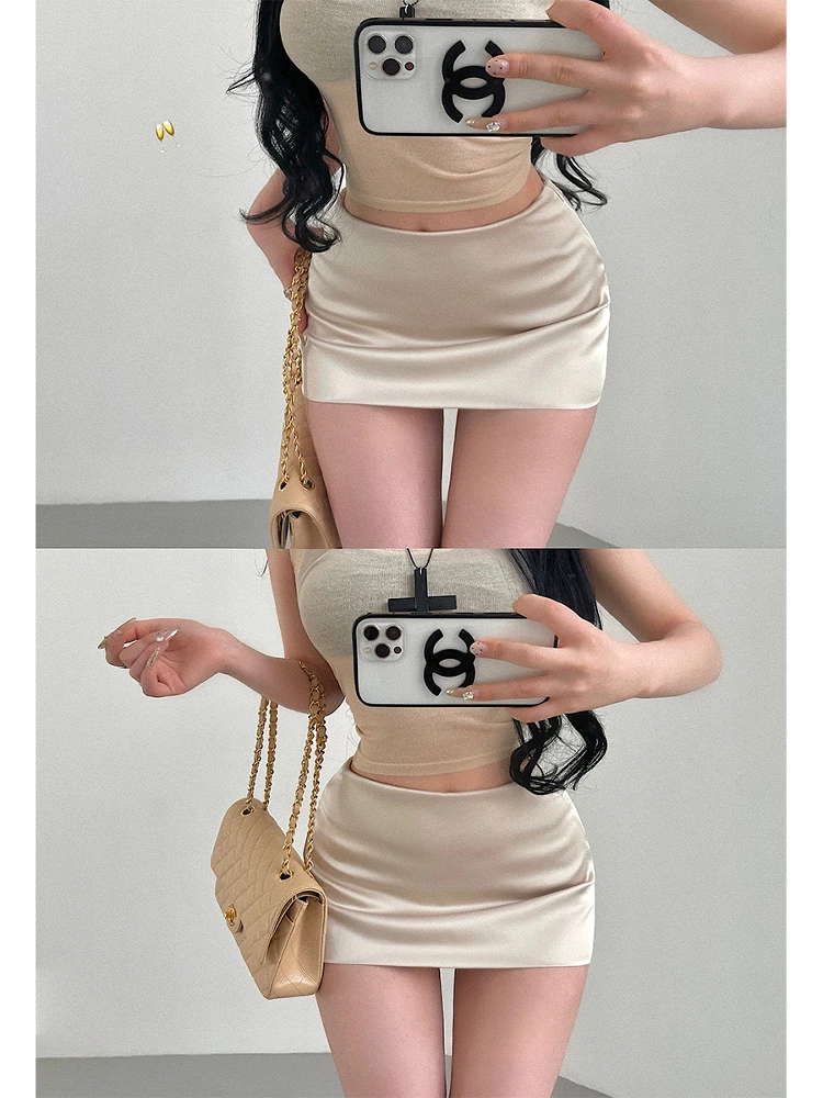 Low-Waist Pure Desire Sexy Safety Pants Satin Half-Skirt Anti-Light Short Skirt Women's Sexy Style Bodycon Skirt with Inner L...