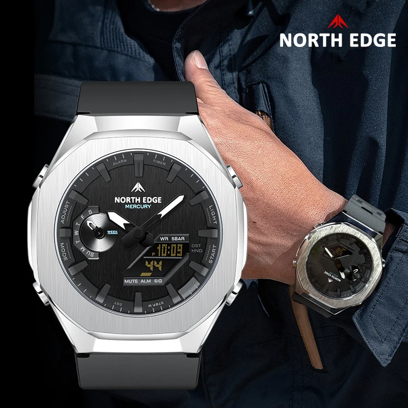 NORTH EDGE MERCURY Men's Military Watch Digital Sports Watches World Time LED Wristwatch Man Waterproof 50M