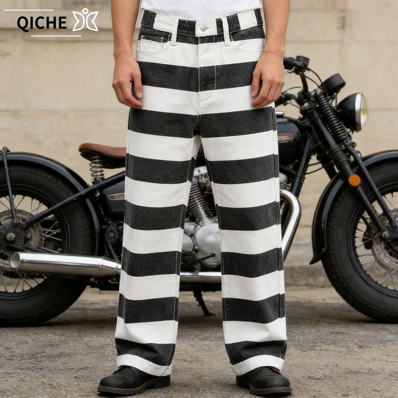 QICHE Men 16oz Heavy Canvas Striped Work Pants Amekaji Biker Motorcycle Rider Thick Casual Long Trousers