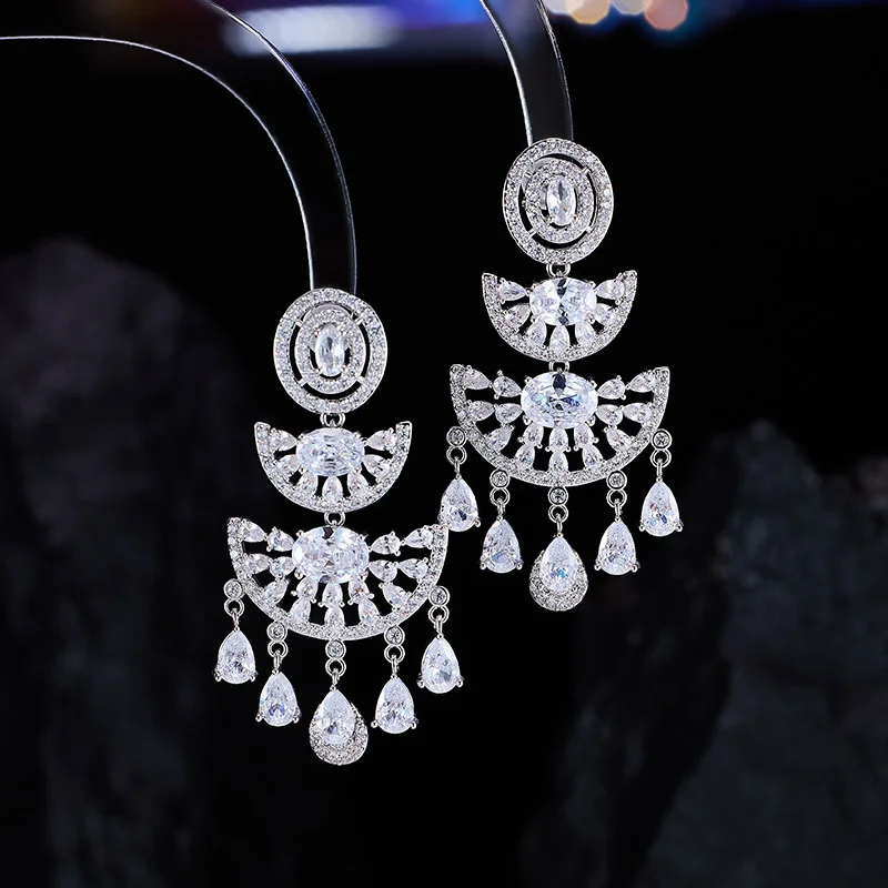 Fan Shape Water Drop Tassel Dangle Earrings Inlaid Color Zircon Fashion Summer Women Ear Jewelry For Femme Wedding Party Gift