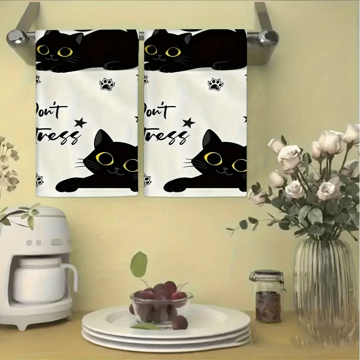 2PCS Black Cat Paw Print Towels | Cute Star Pattern Dish Cloths | Hand Wash Only for Cat Theme Decor & Kitchen Cleaning