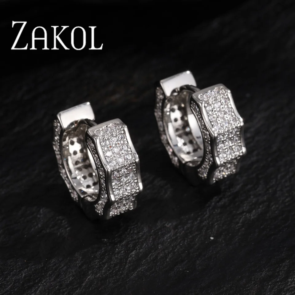 

ZAKOL Personalized Hip-hop Iced Out CZ Zircon Hoop Earrings For Women Men Rock Fashion Daily Jewelry Accessories