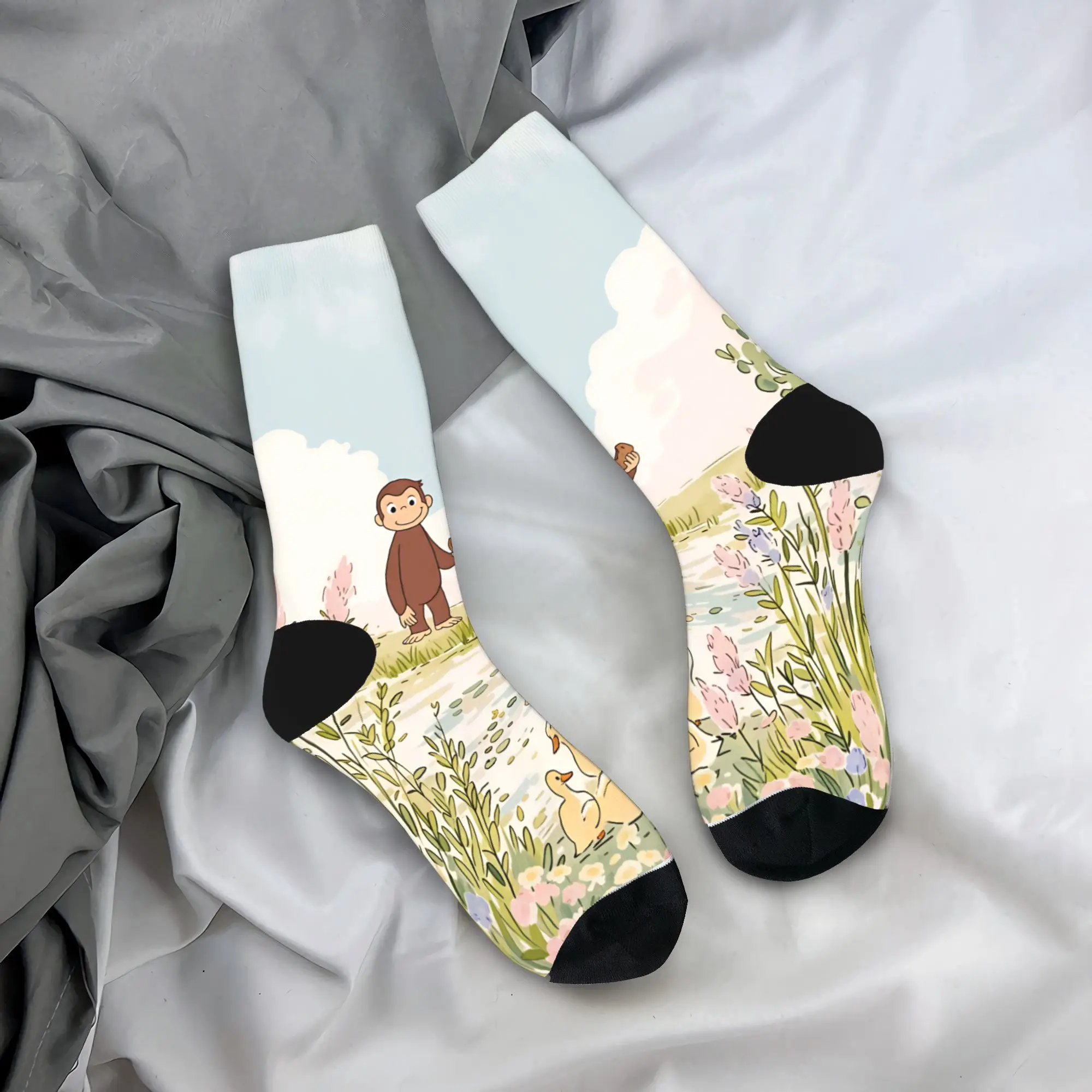 Curious George Monkey Stockings  Pattern Kawaii Socks Winter Anti Skid Socks Women Men Running Warm Soft Socks