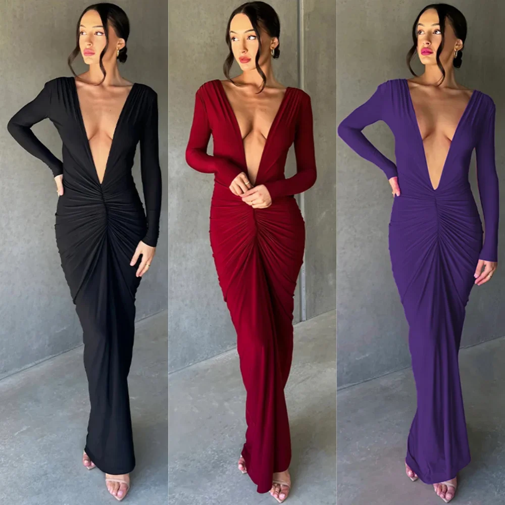 Primavera elegante manga larga sin espalda sólido acanalado Sexy ceñido al cuerpo Maxi vestido de graduación traje de mujer fiesta de noche Festival Y2K