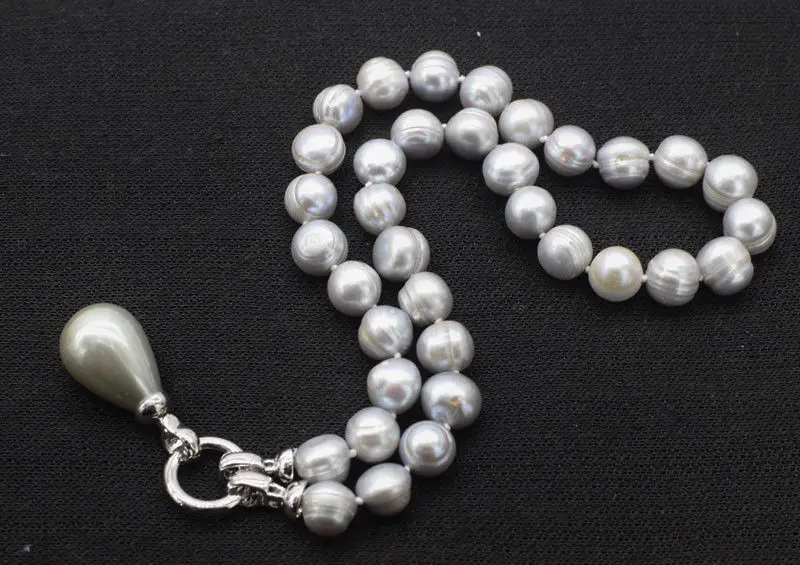 Handmade 10-11mm freshwater pearl gray near round water drops shell pearl pendant necklace 45cm