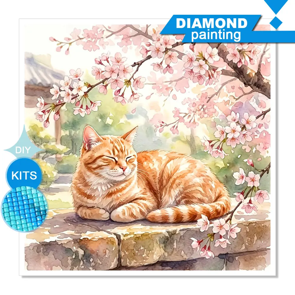 Huacan Full Square Round Diamond Painting Cat Cherry Blossom Branches Diamond Mosaic Animal Flower Complete Kit Gift
