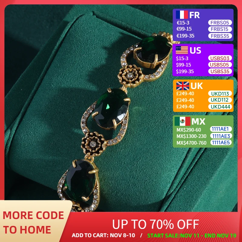 

Vintage Emerald Green Crystal Bracelet Charm Zircon Jewelry Woman Gold Color Antique Flower Luxury Designers Summer Accessories