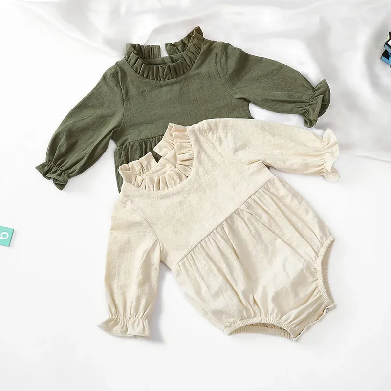 Bodysuits & One-Pieces New Long-sleeved Cotton Linen Newborn Romper Solid Color Flying Sleeves Lace Neckline Onesie